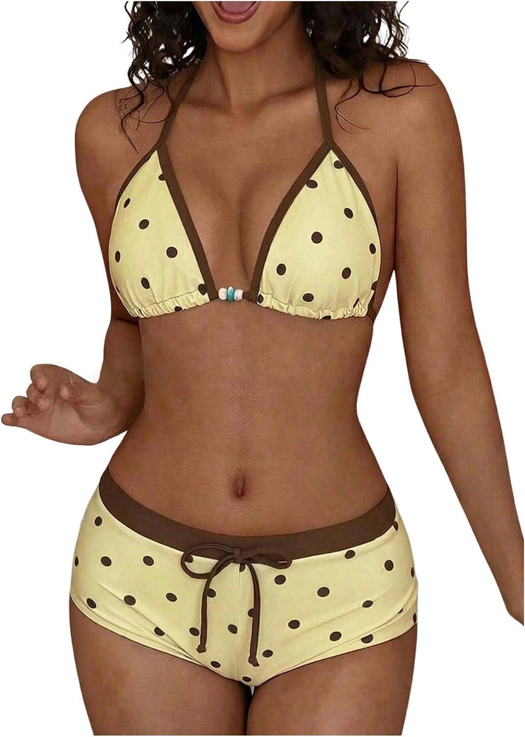 61ZgbuX3QBL._AC_SL1500_.jpg Women Polka Dots 2 Piece Swimsuit Triangle Halter Bikini Set Boyshorts Bathing Suit - Image 1