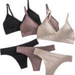 Women 6 Piece Ribbed Knit Lingerie Sets Seamless Wireless No Show Bra and Panty Thong Sets Matching Underwear Sets