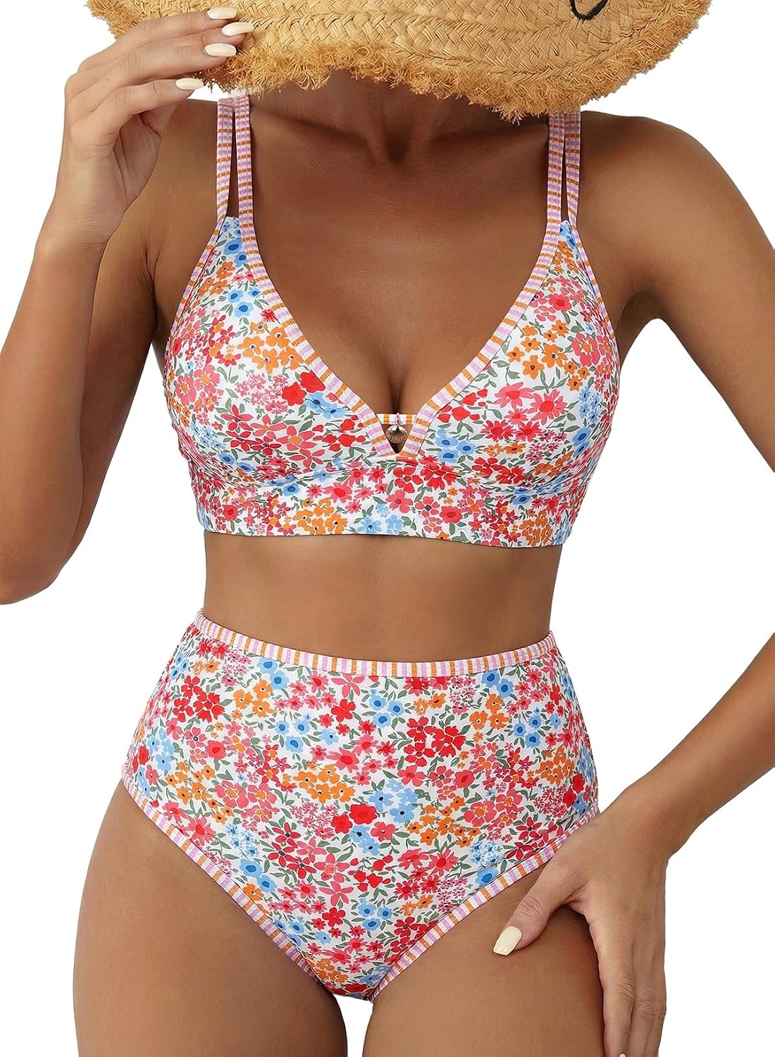 81gjEUsGZL._AC_SL1500_.jpg Women 2 Piece Floral Print Bikini Sets V Neck Stitch Swimsuits High Waisted Bathing Suit Beach Summer Swimwear - Image 1